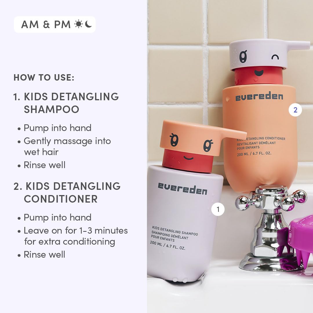 Evereden family haircare routine with shampoo conditioner and brush display