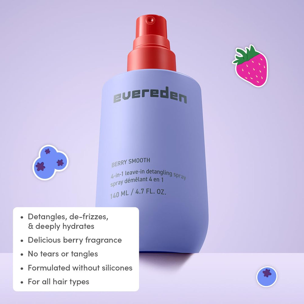 Evereden Kids Detangler Spray being applied to damp hair for easy combing.