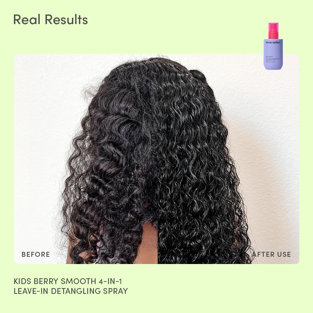 Evereden Kids Detangler Spray before-after shows smoother knots.