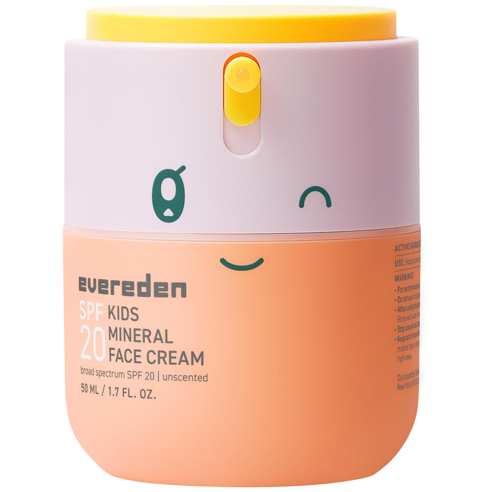 Evereden Kids Face Cream bottle front showing fragrance-free mineral moisturizer with SPF 20