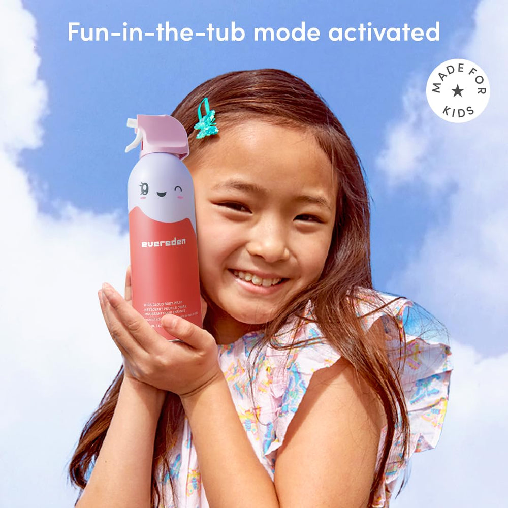 Evereden Kids Foam Soap bottle closeup reveals dermatologist-tested, non-toxic formula.