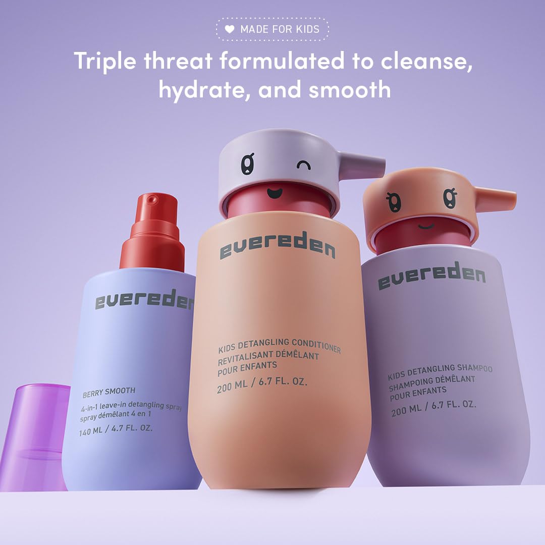 Evereden Kids haircare routine collage with shampoo, conditioner, and spray.