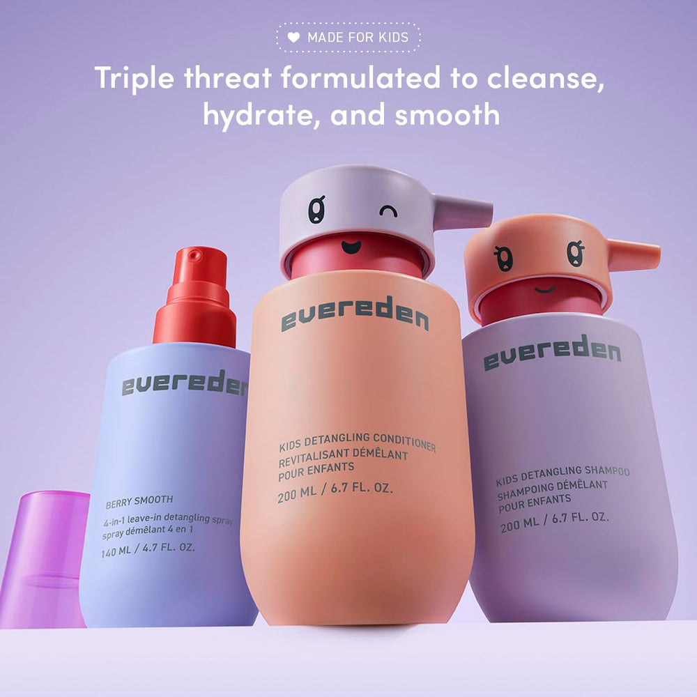 Evereden Kids haircare routine collage with shampoo, conditioner, and spray.