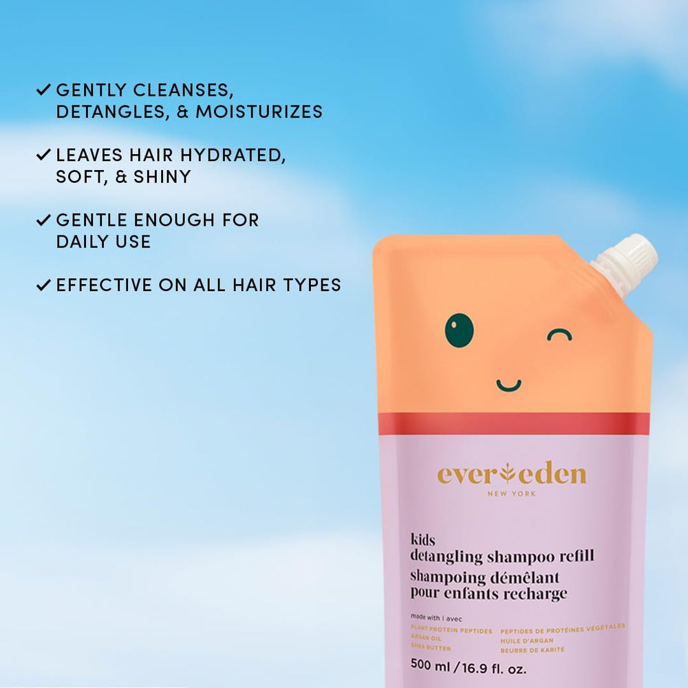 Evereden tear-free formula image shows gentle shampoo pour for kids’ hair routine.