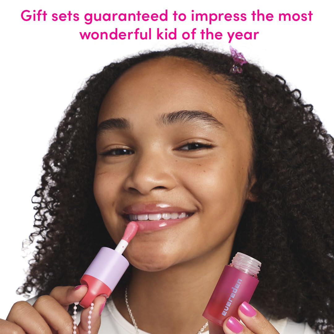 Evereden Kids tinted lip gloss Sakura Pink swatch emphasizing color with moisture.