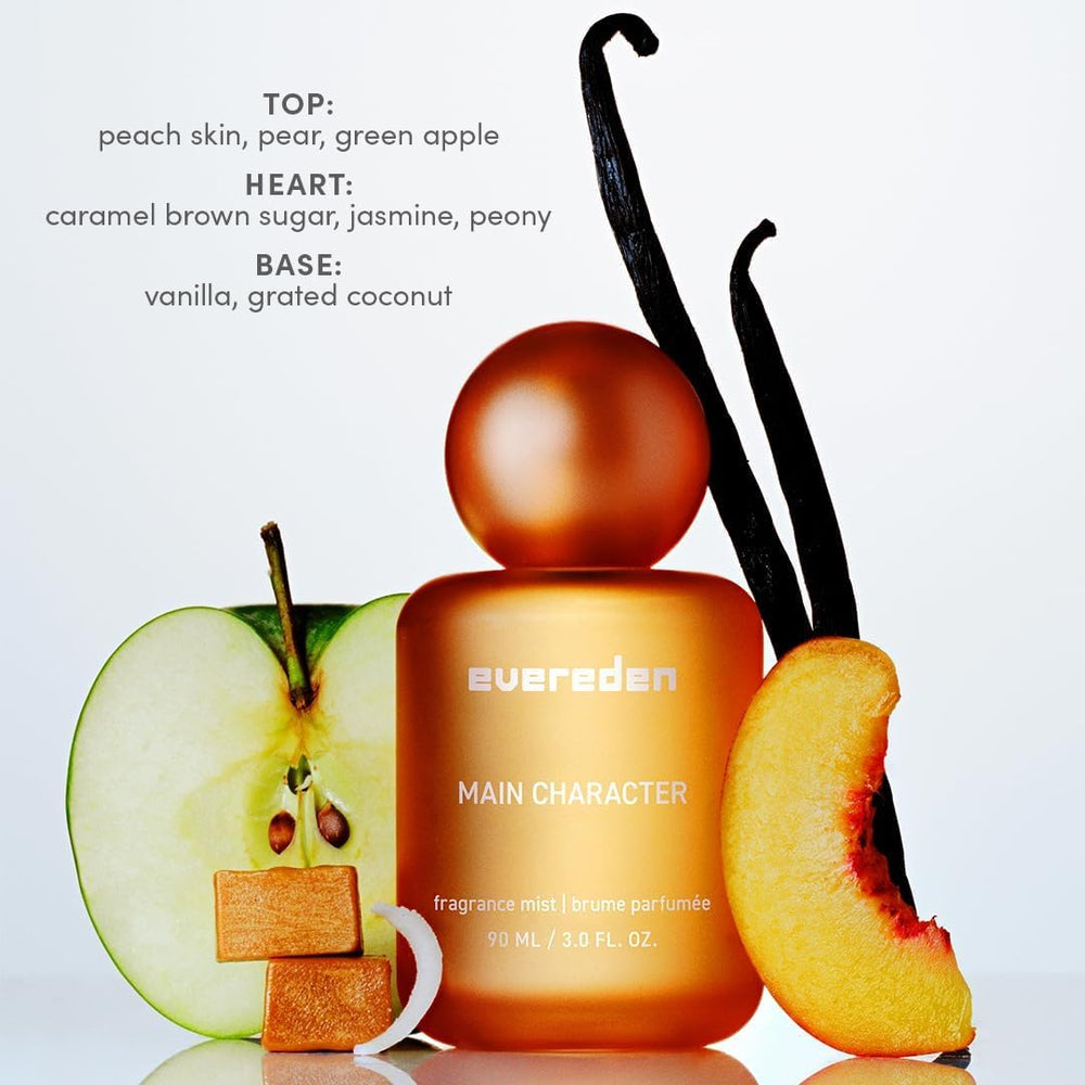 Evereden main-character body mist bottle close-up with juicy gourmand vibe.