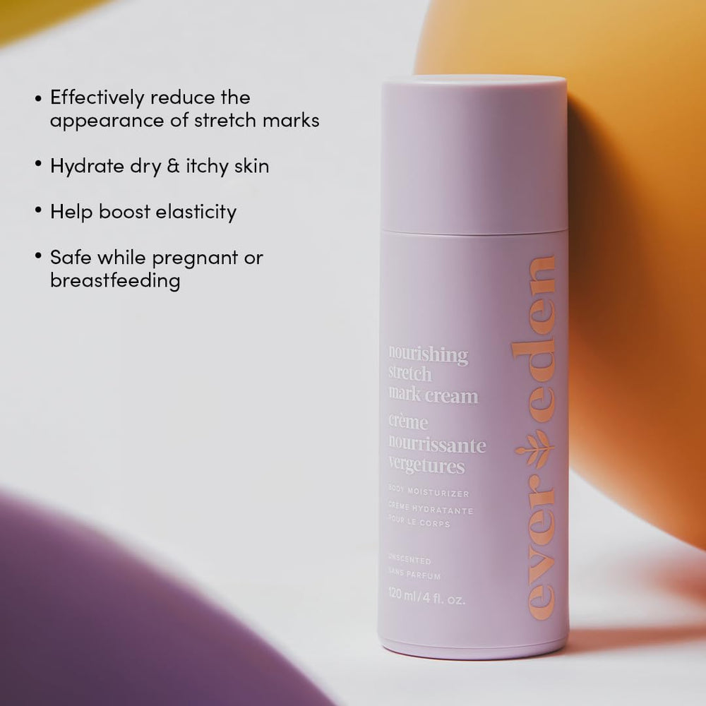 Evereden Nourishing Stretch Mark Cream shows 12 botanicals in the blend.