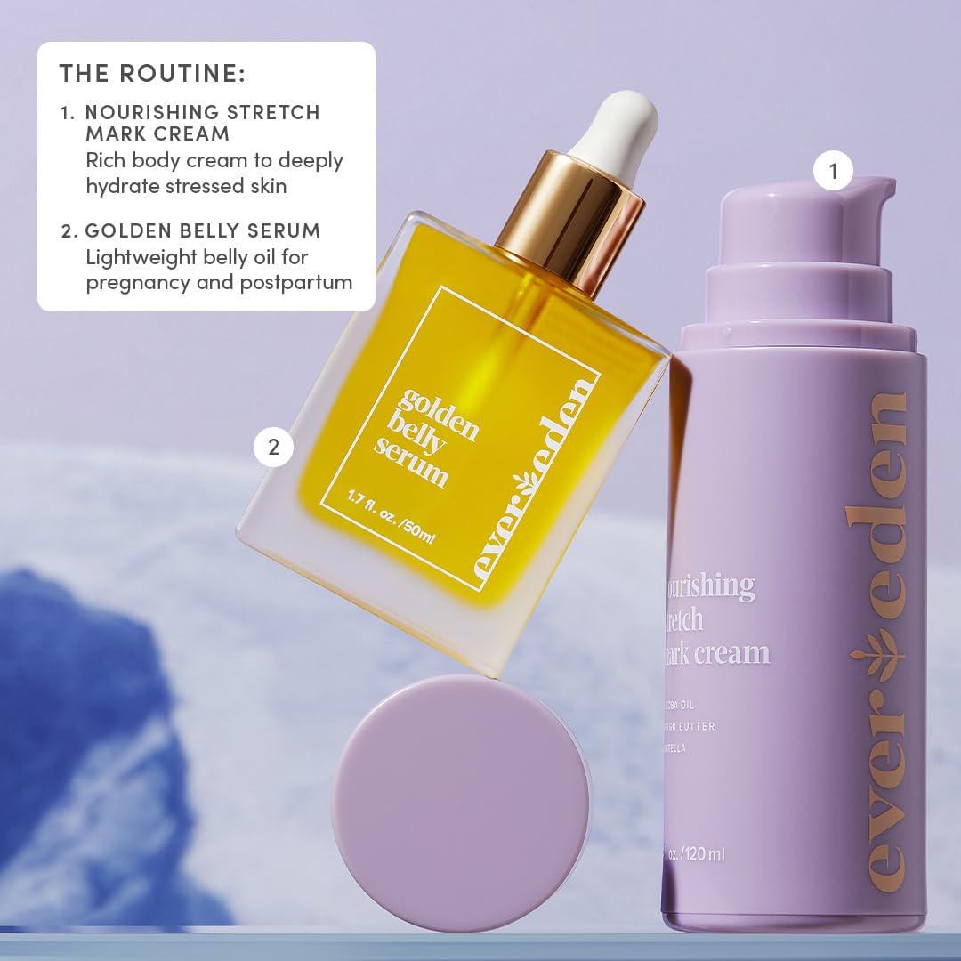 Evereden postpartum belly oil care scene illustrating gentle daily ritual