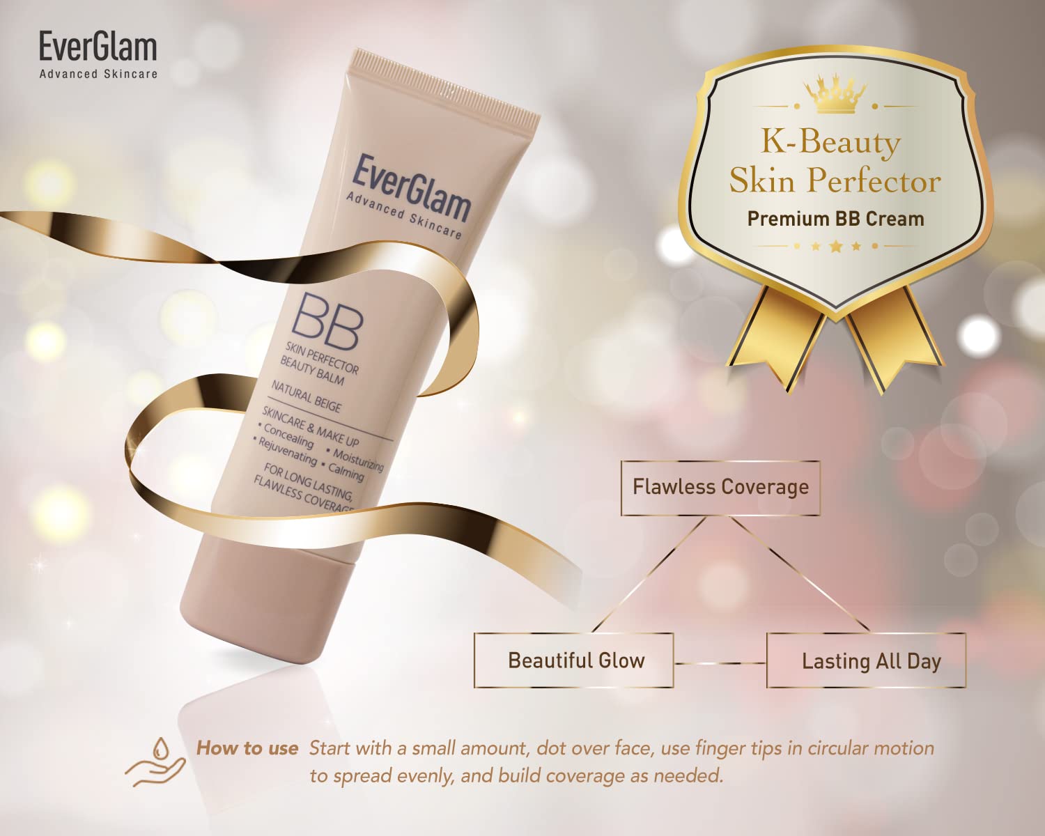 EverGlam BB cream glow finish close-up highlights dewy radiance.