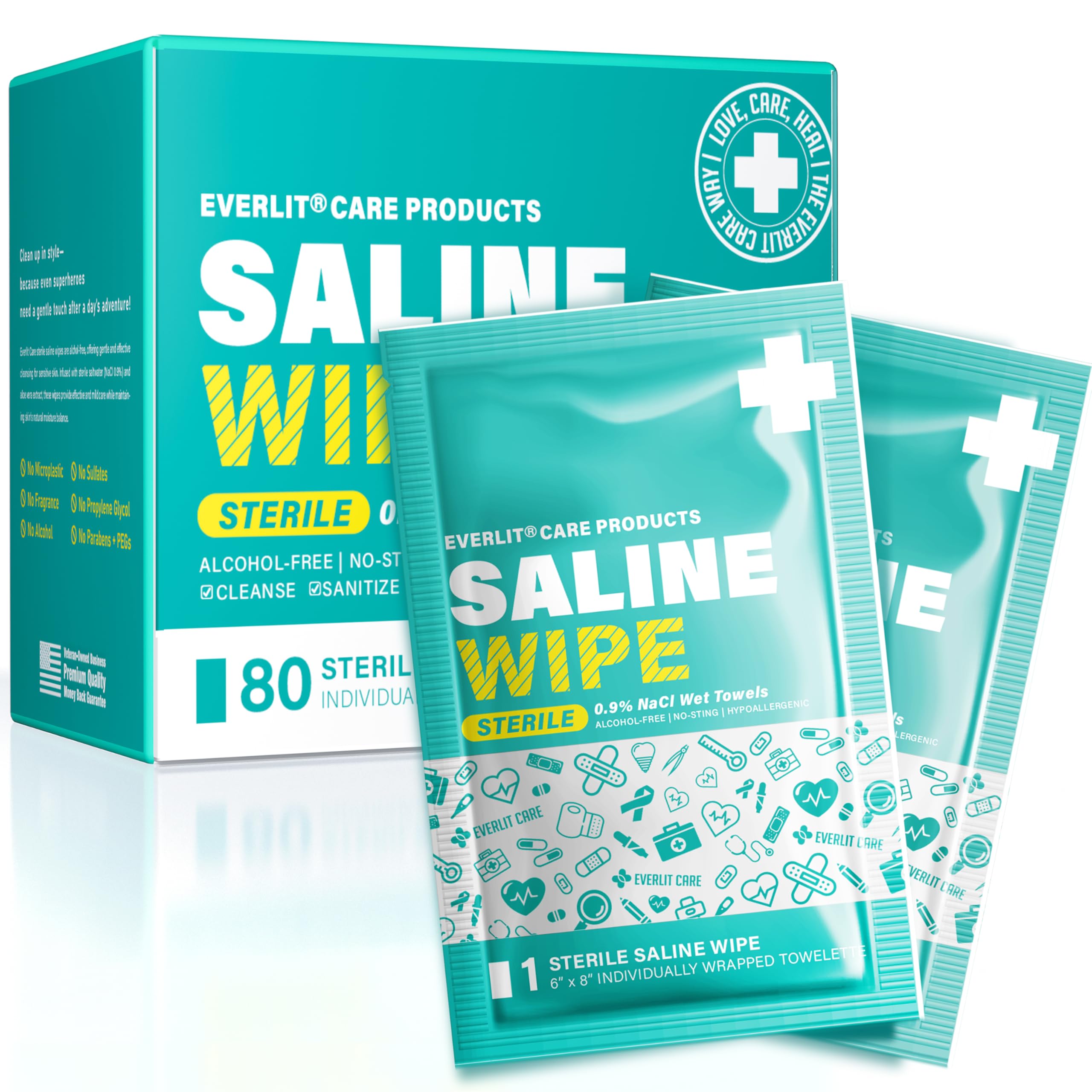 Everlit Care Saline Wipes pack closed for gentle cleansing on sensitive skin