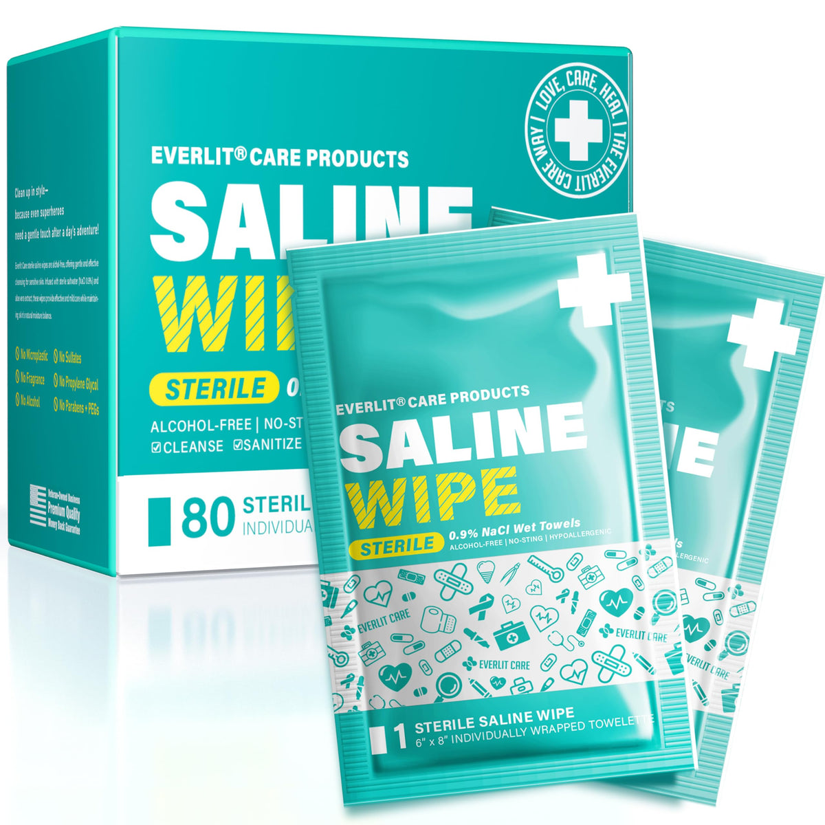 Everlit Care Saline Wipes pack closed for gentle cleansing on sensitive skin