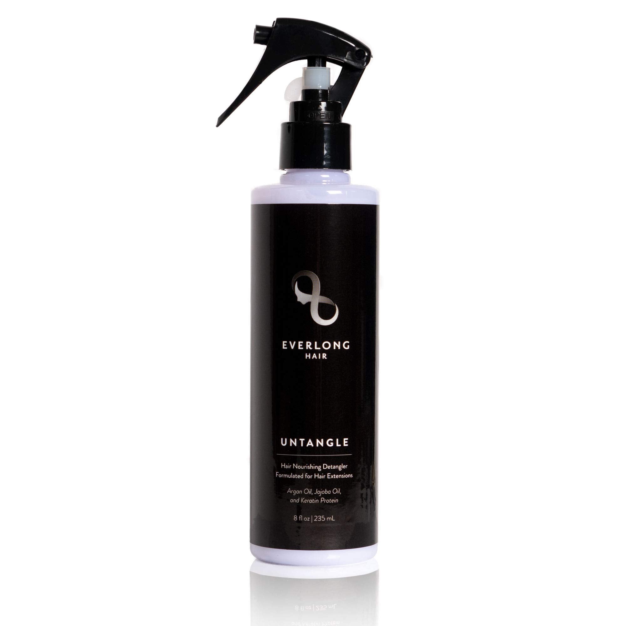 Everlong Untangle spray bottle detangles hair extensions.