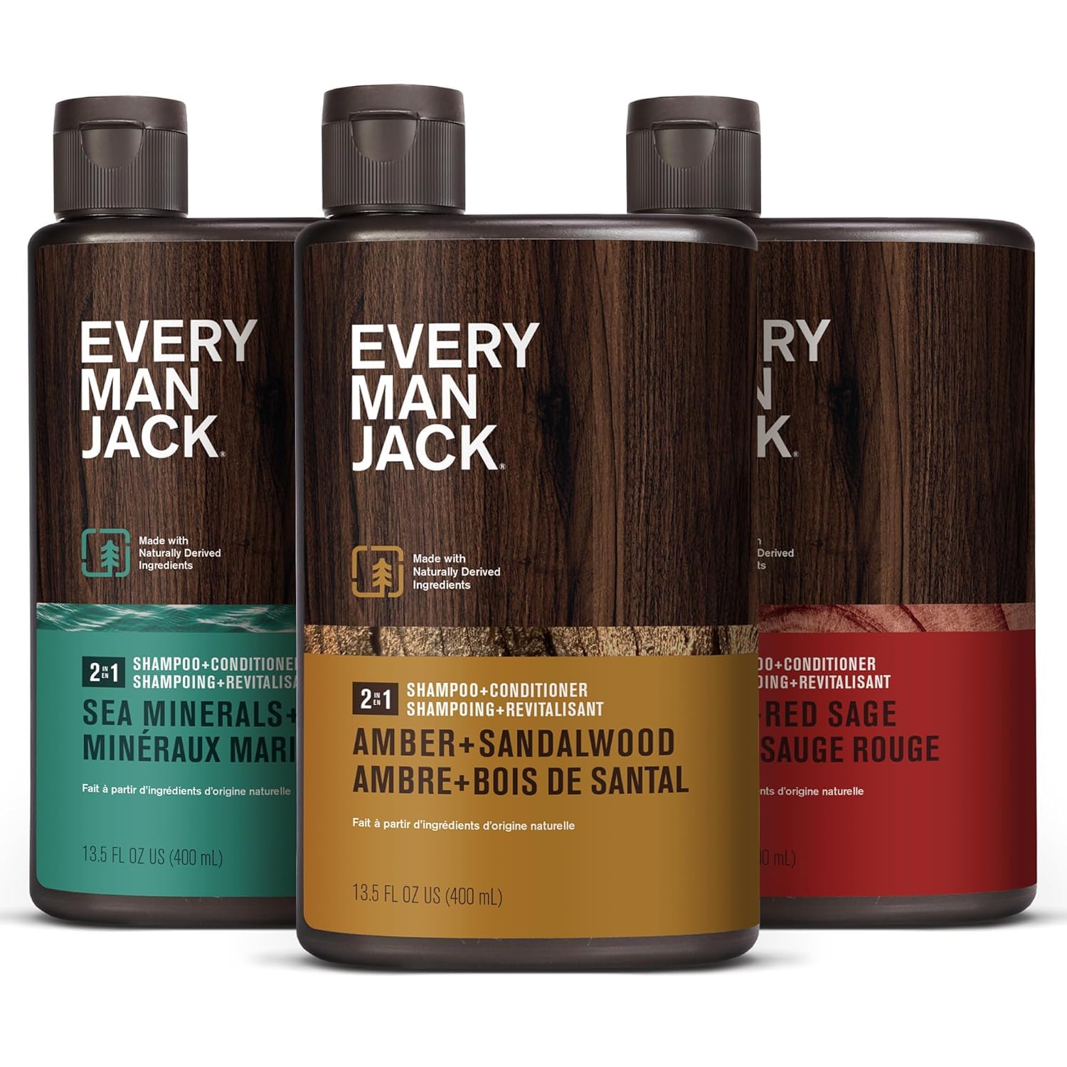 Every Man Jack 2-in-1 sandalwood amber bottle for daily grooming and subtle scent.