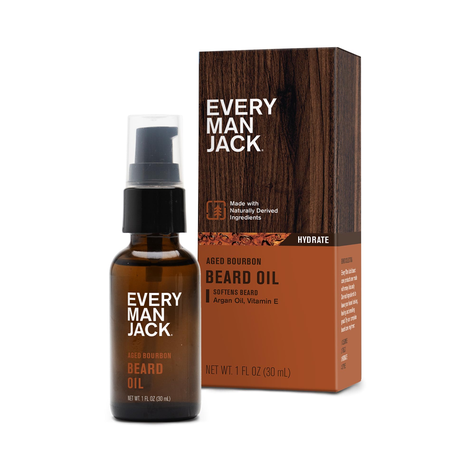 Every Man Jack aged bourbon beard oil bottle softens beard and nourishes skin.