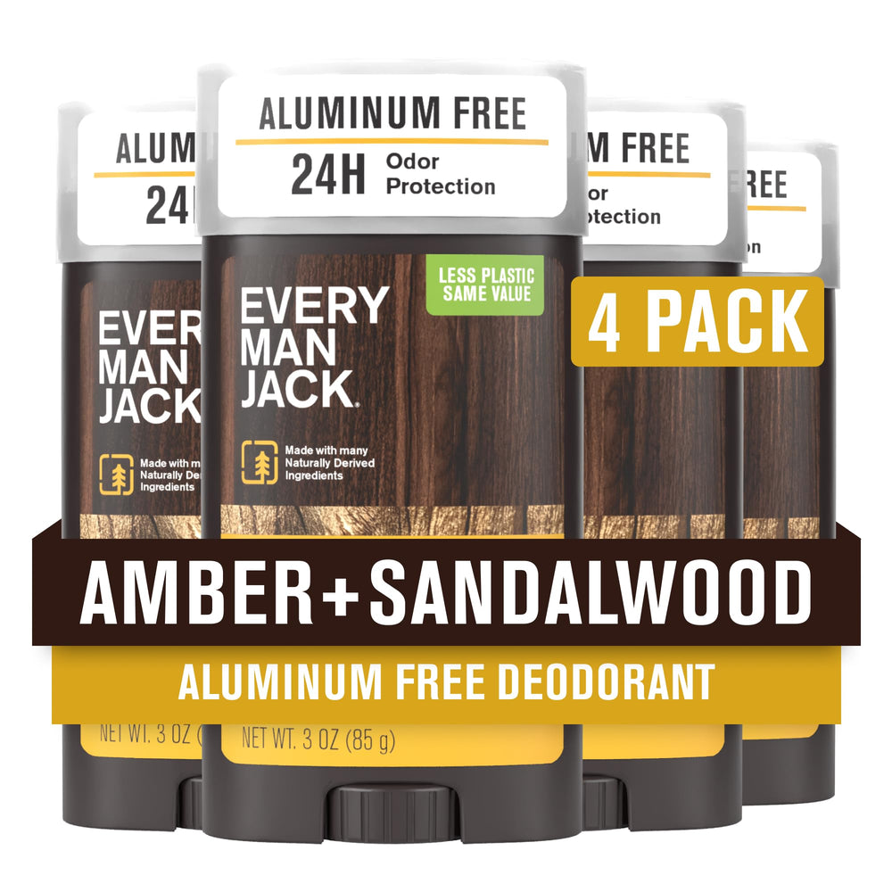 Every Man Jack Amber + Sandalwood deodorant bottle showing aluminum-free protection for daily freshness.