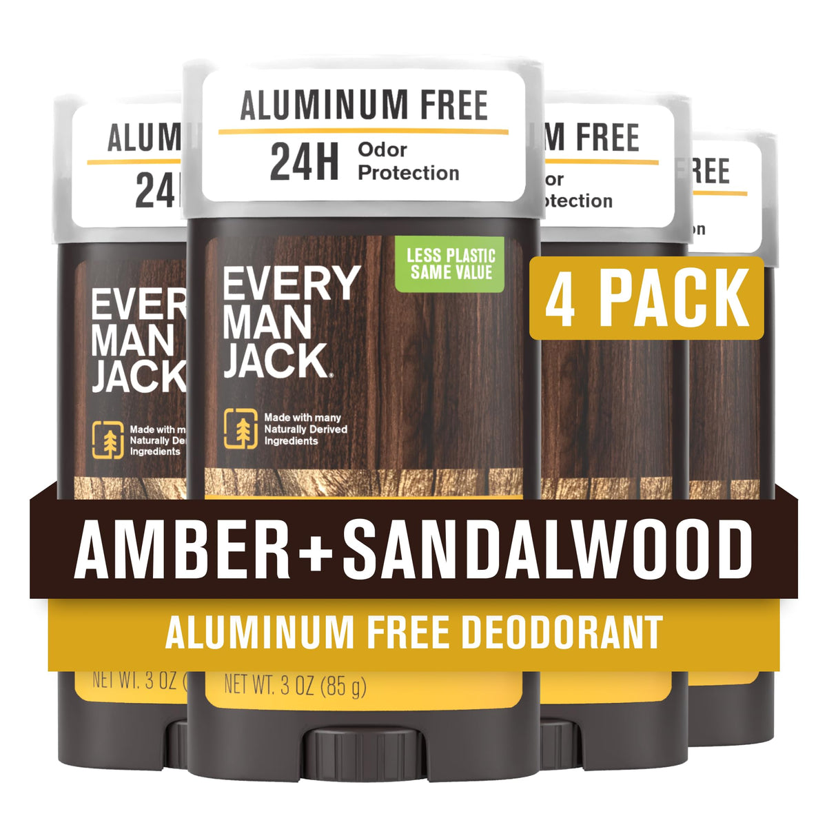 Every Man Jack Amber + Sandalwood deodorant bottle showing aluminum-free protection for daily freshness.