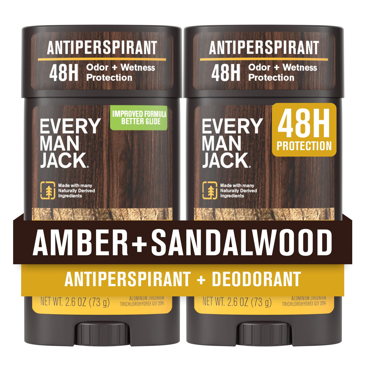 Every Man Jack Amber + Sandalwood deodorant pack front view for daily odor defense.