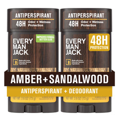 Every Man Jack Amber + Sandalwood deodorant pack front view for daily odor defense.