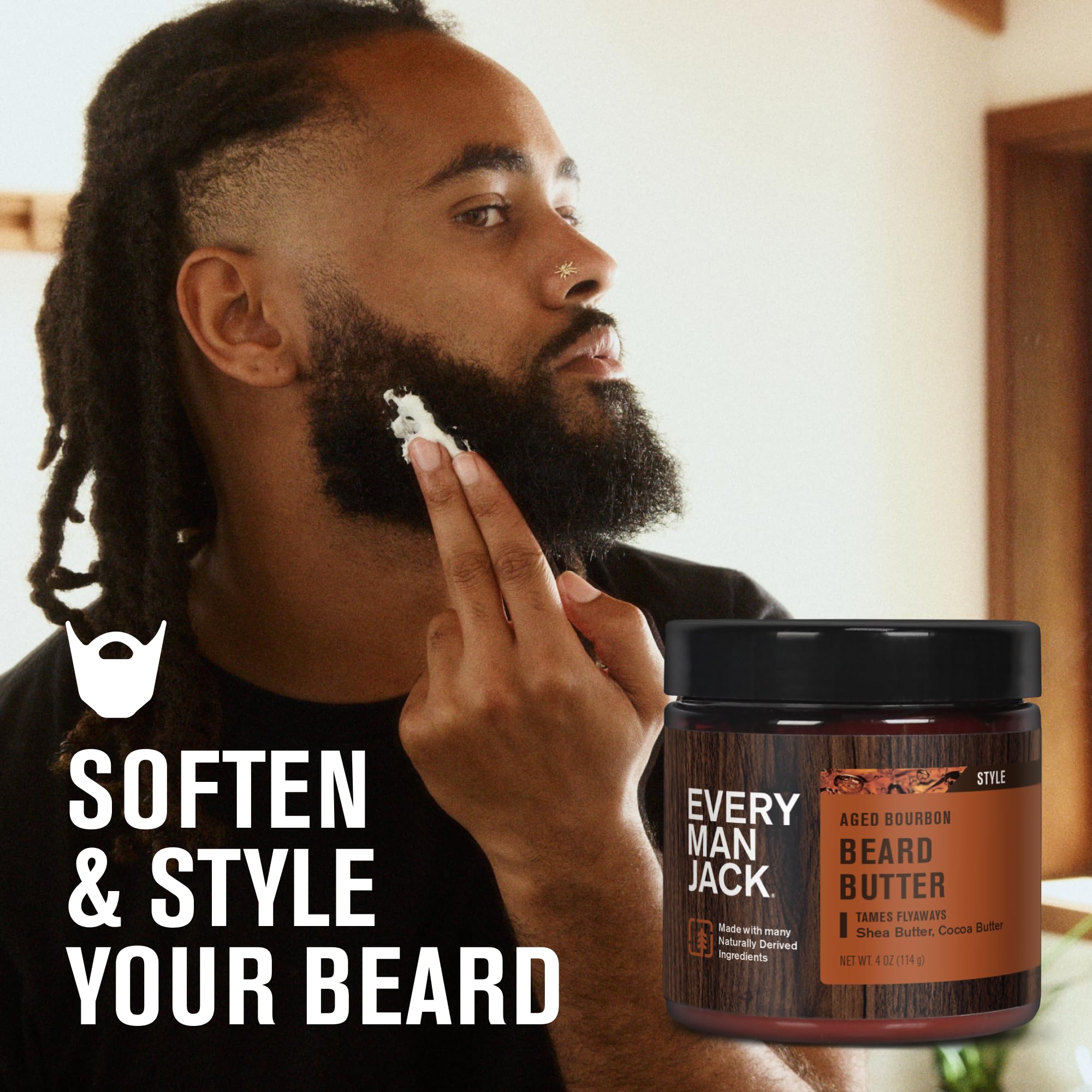 Every Man Jack beard butter aged bourbon bottle releases a warm scent while conditioning