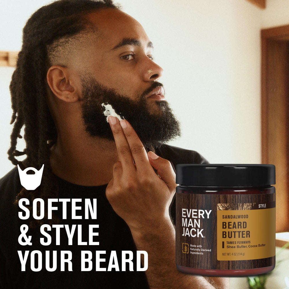 Every Man Jack beard butter jar-closeup reveals rich shea and cocoa butter for softness.