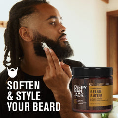 Every Man Jack beard butter jar-closeup reveals rich shea and cocoa butter for softness.