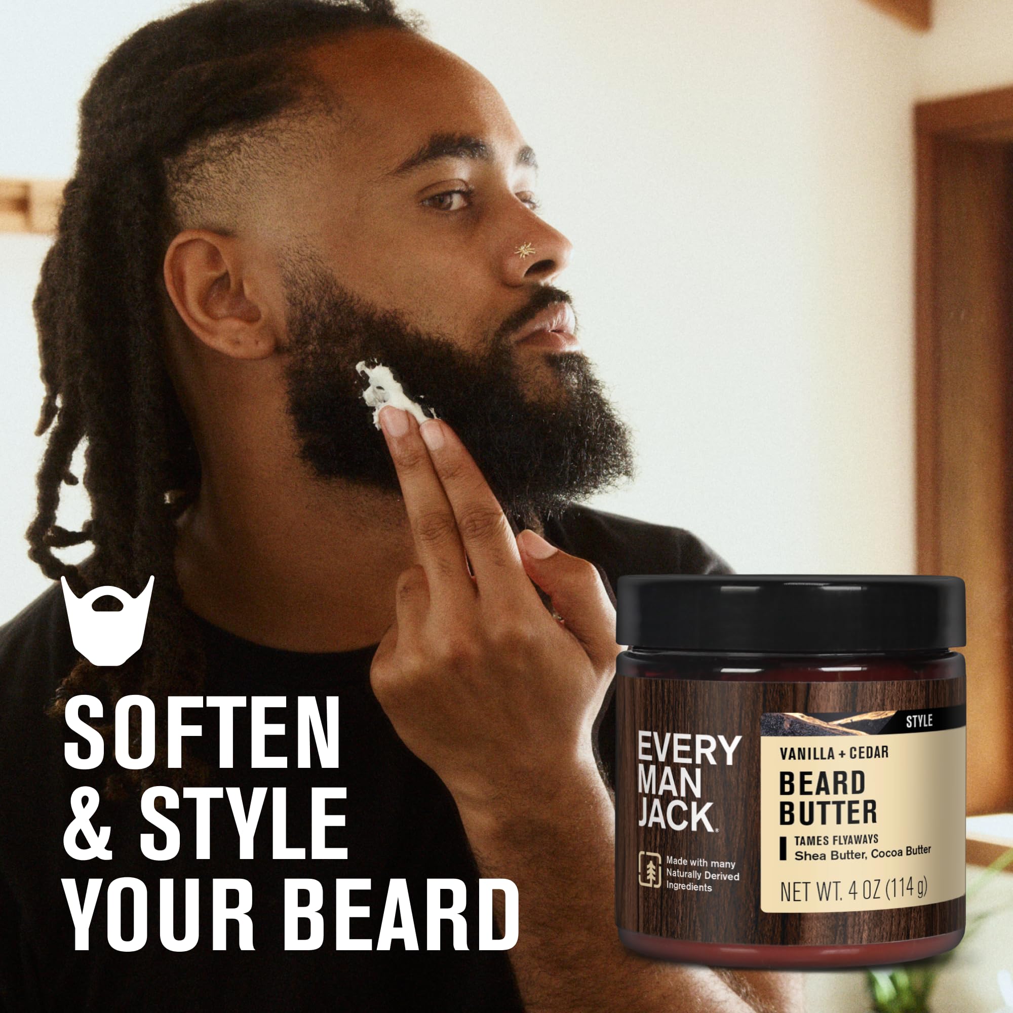 Opened Every Man Jack Beard Butter Vanilla Cedar jar shows creamy texture