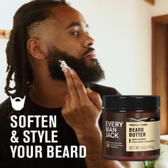 Opened Every Man Jack Beard Butter Vanilla Cedar jar shows creamy texture