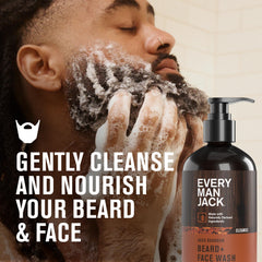 Every Man Jack Beard + Face Wash aged bourbon label closeup highlighting natural ingredients.