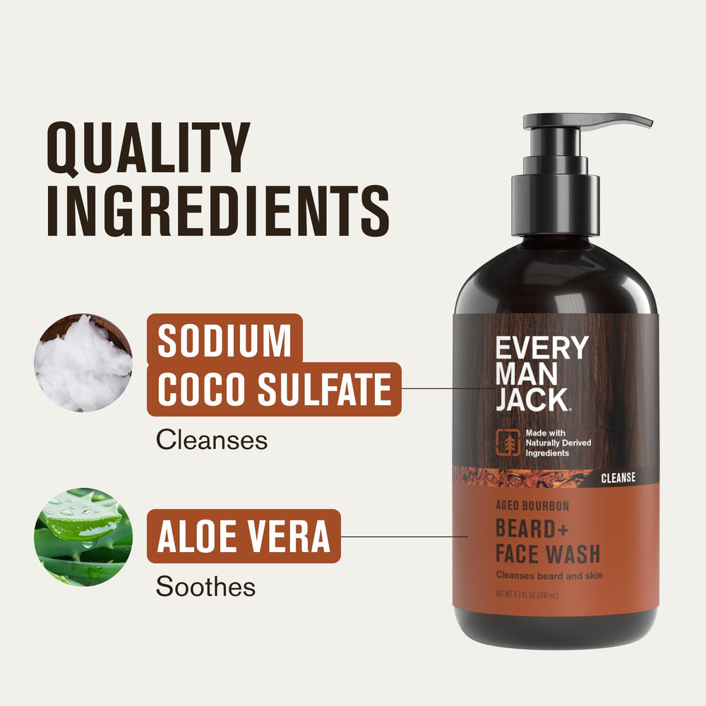 Every Man Jack Beard + Face Wash aloe vera coconut surfactants supporting gentle cleansing.