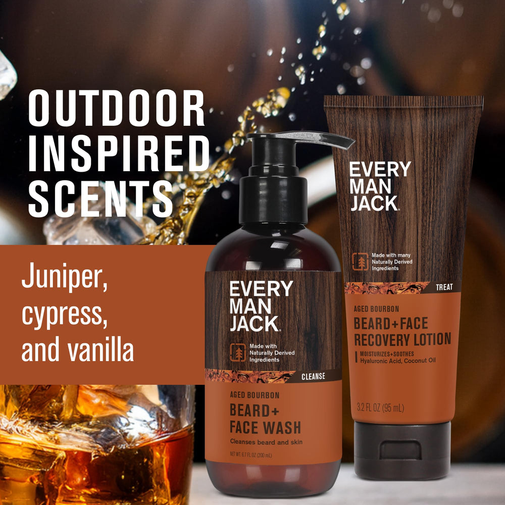 Every Man Jack beard and face wash foam close-up highlights soothing cleansing.