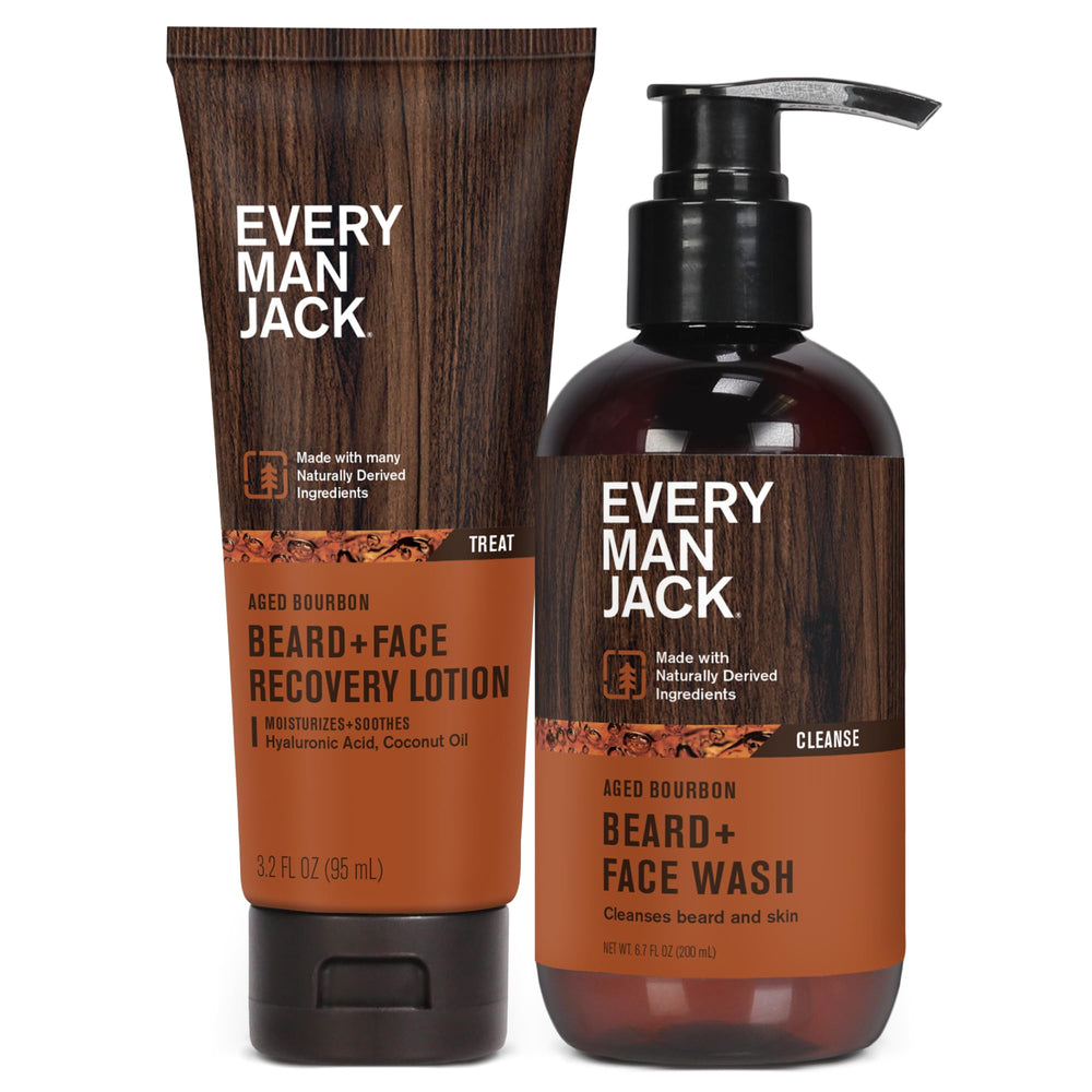 Every Man Jack beard and face wash and lotion set packshot — simplifies daily grooming.