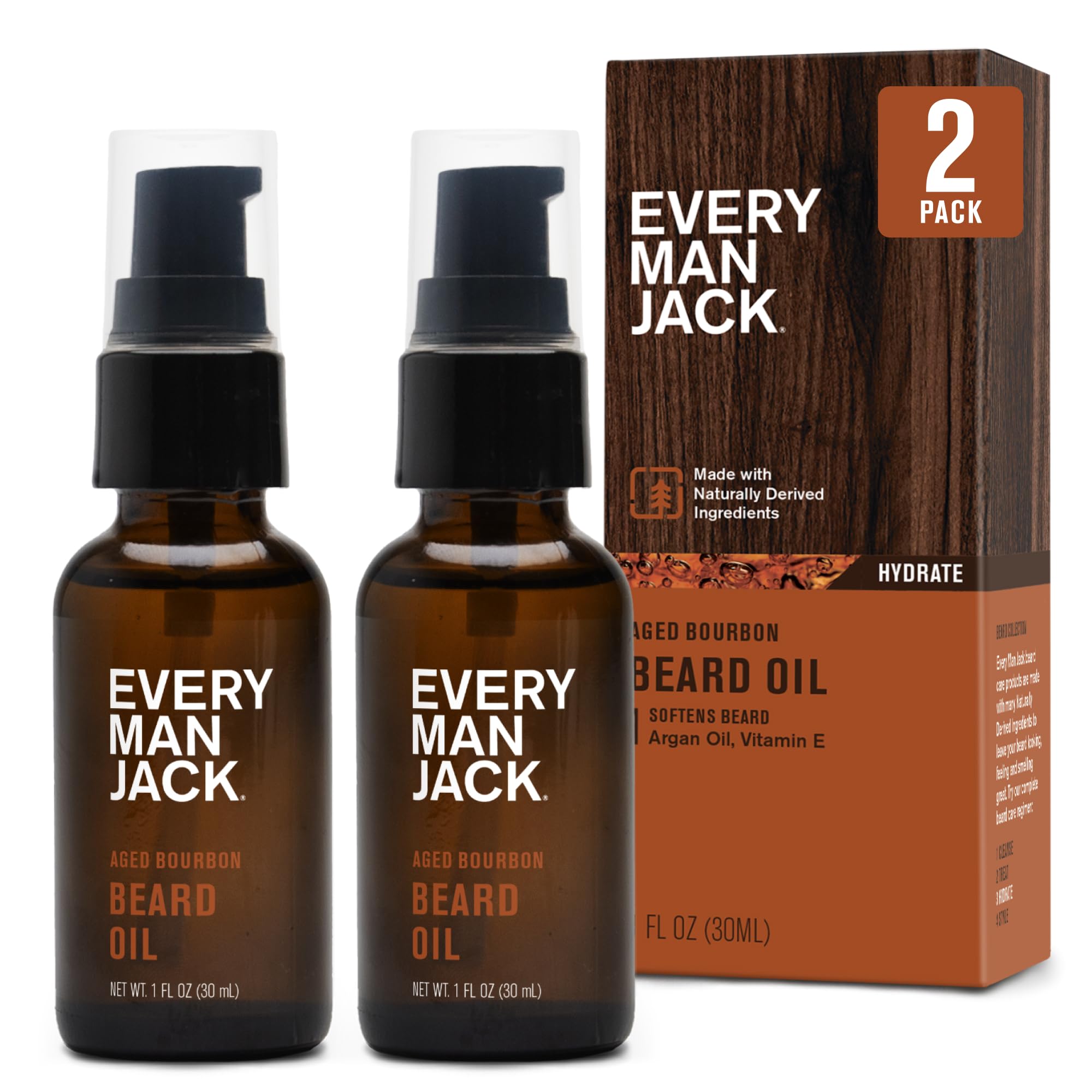 Every Man Jack beard oil aged bourbon bottle showing premium packaging and natural shine