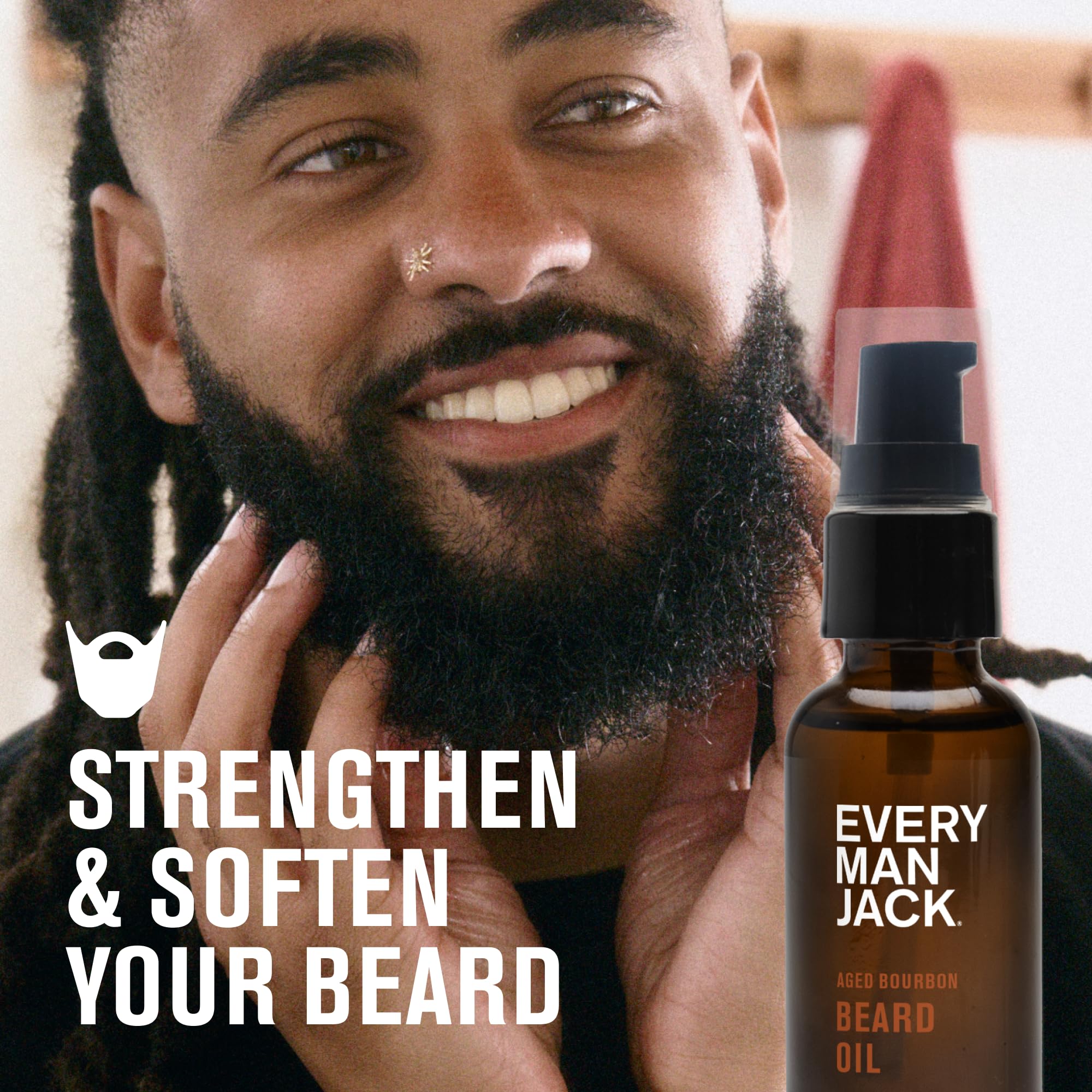Every Man Jack aged bourbon cap on beard oil bottle suggesting portability and leak-free use