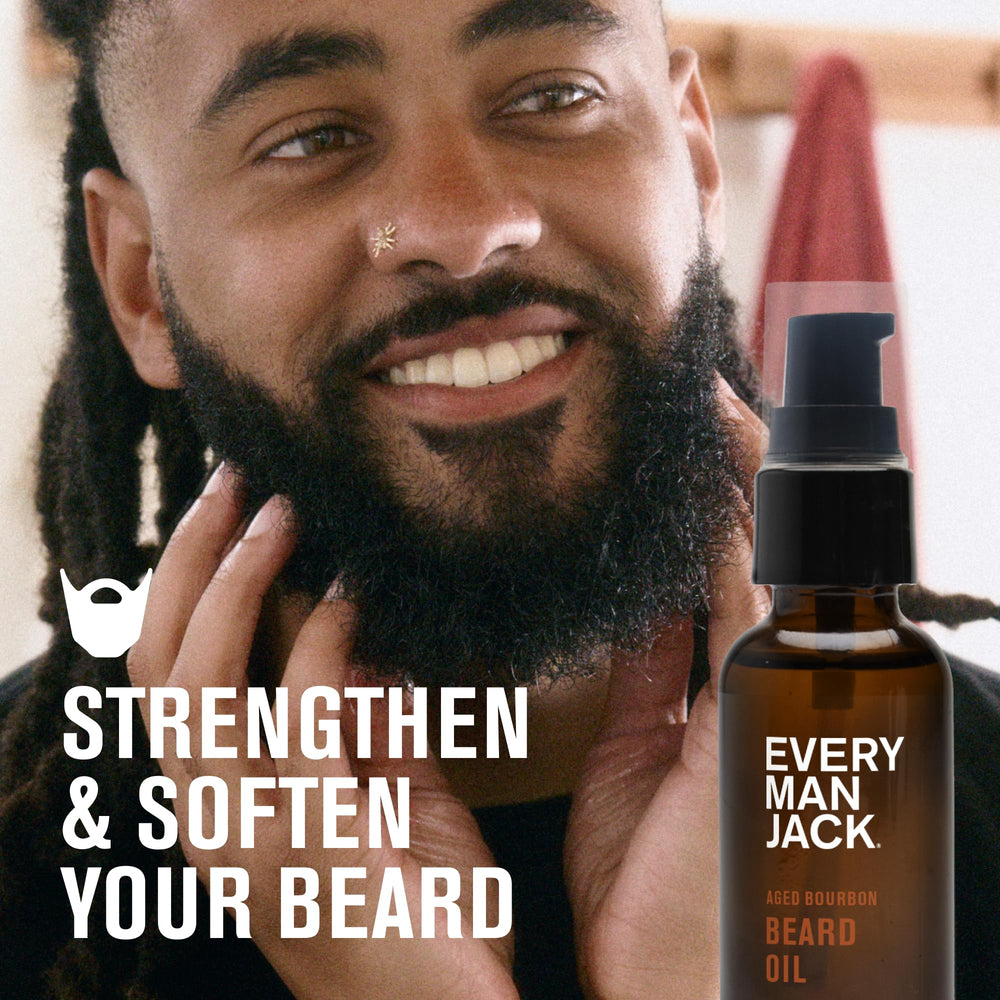 Every Man Jack aged bourbon cap on beard oil bottle suggesting portability and leak-free use