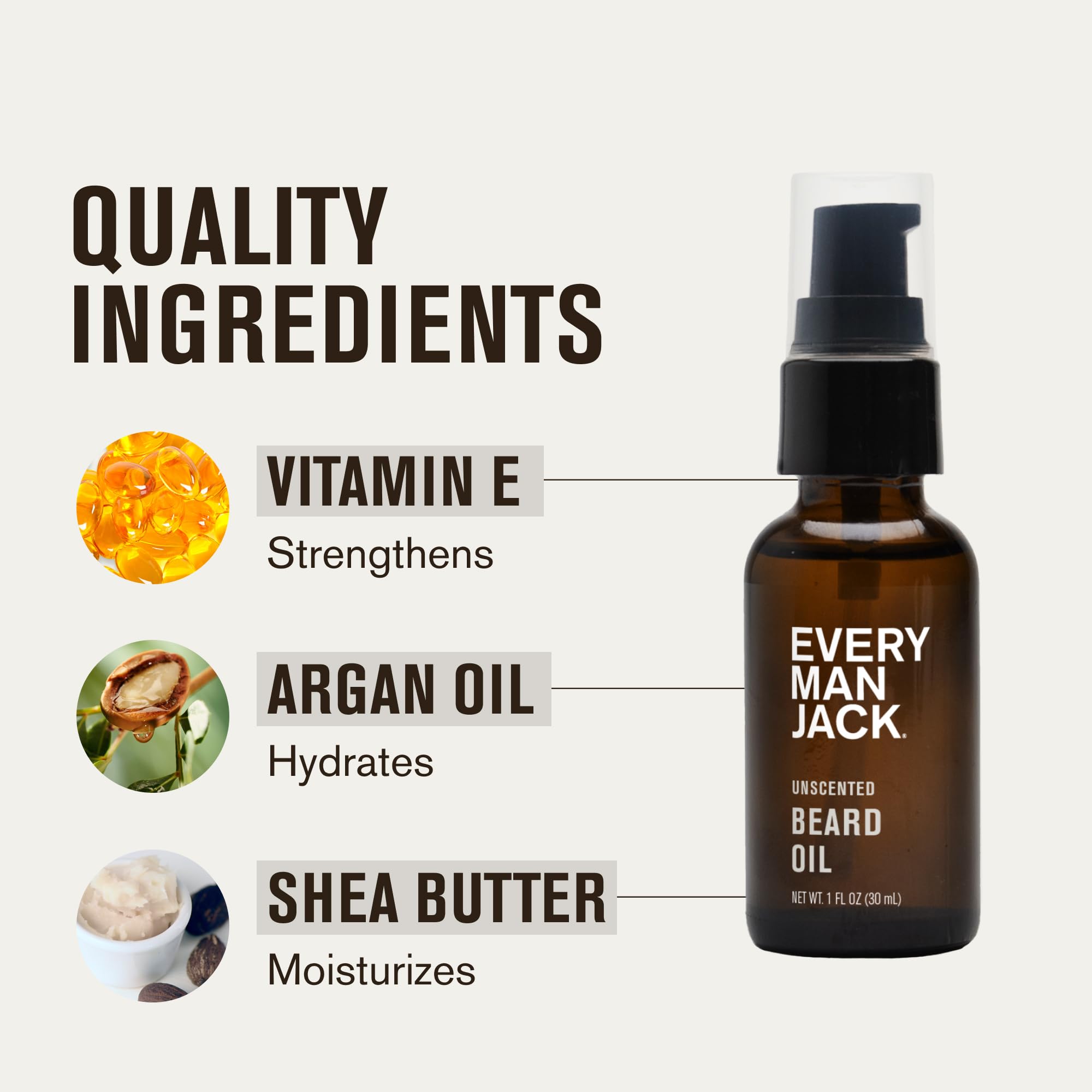 Every Man Jack unscented beard oil packaging highlights US-made quality.