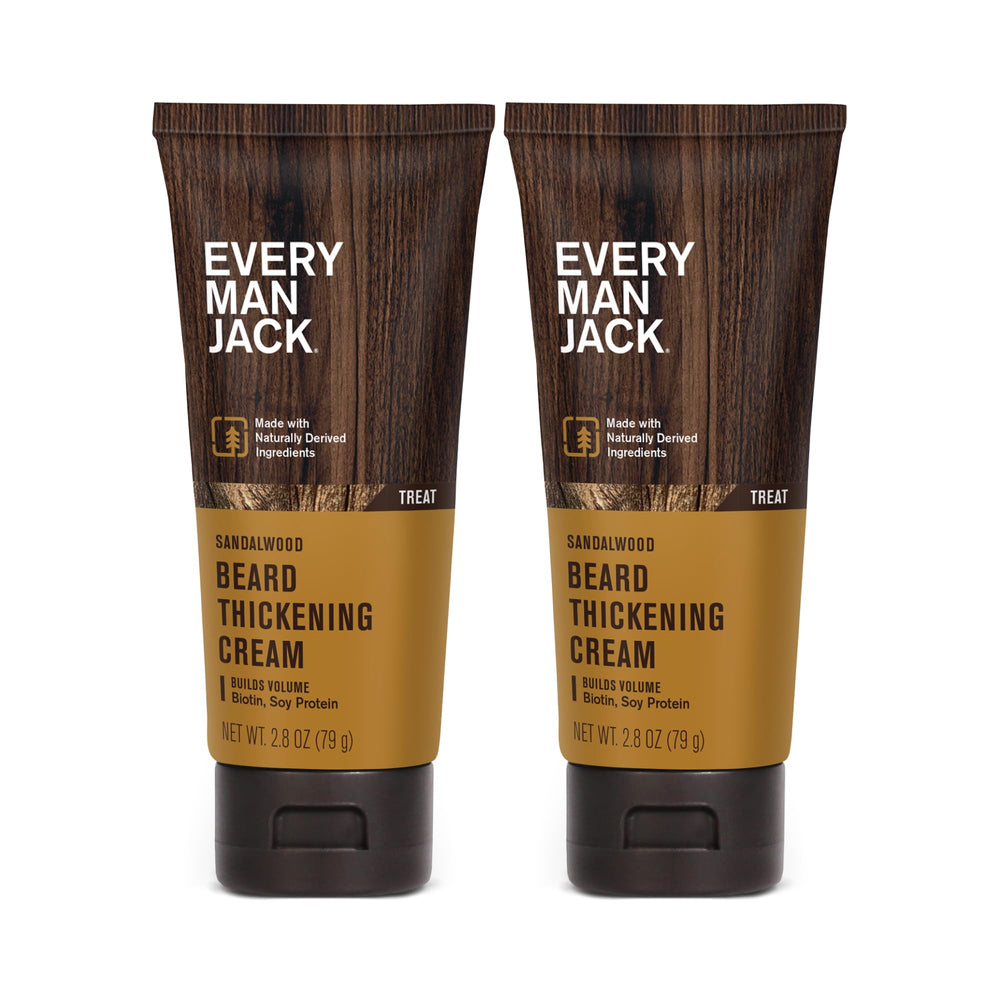 Every Man Jack Beard Thickening Cream bottle for a fuller look and quick absorption.