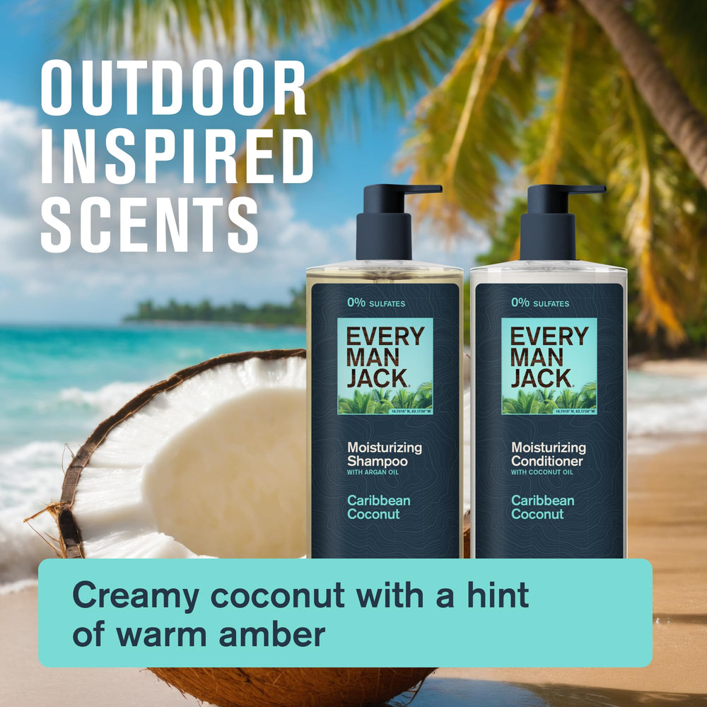 Every Man Jack Caribbean Coconut packaging box highlights eco-friendly design.