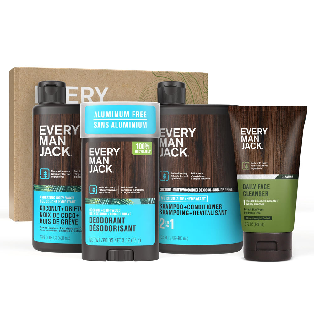 Every Man Jack Coconut Driftwood Body Wash bottle close-up for refreshing cleanse