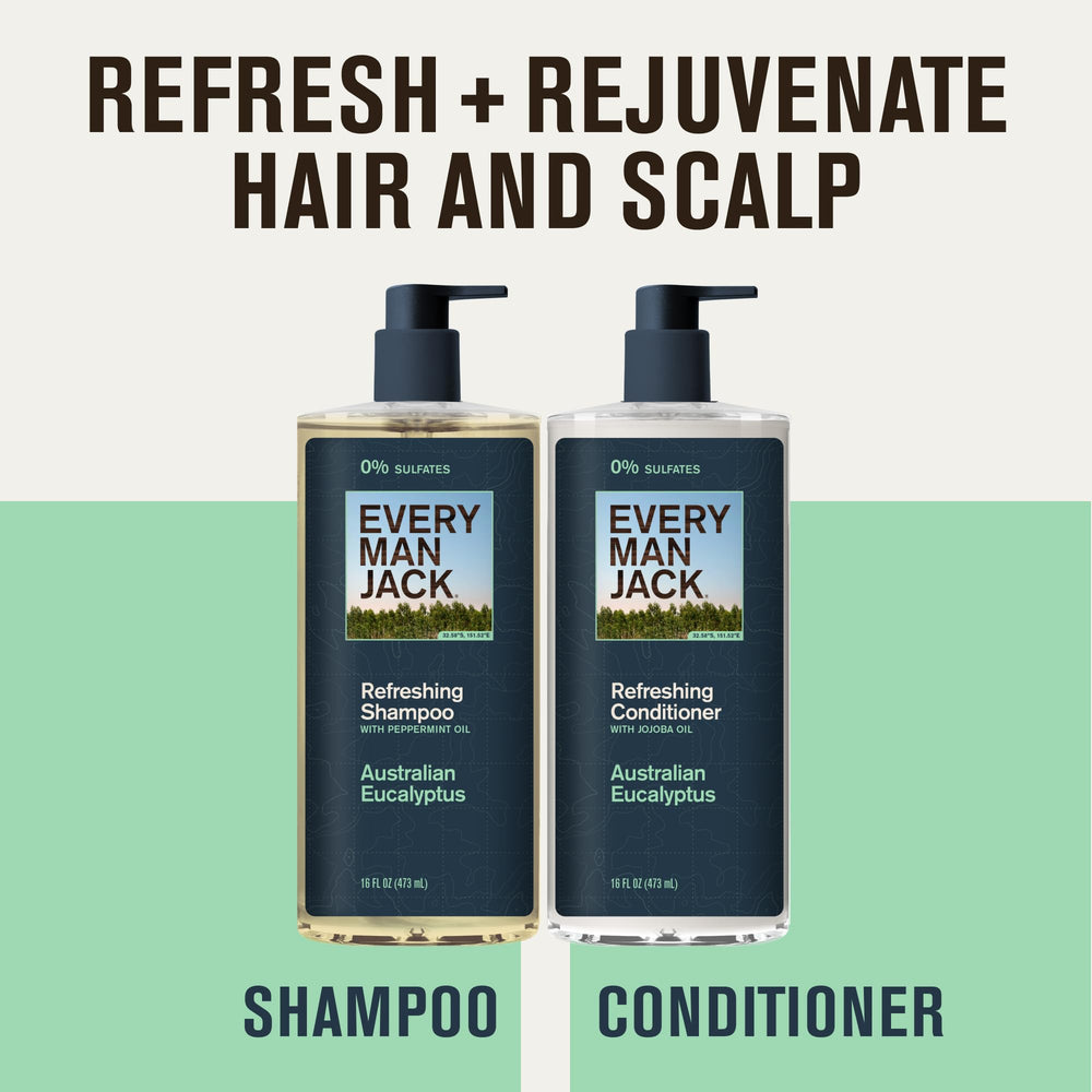 Every Man Jack conditioner Australian eucalyptus bottle pouring for deep hydration.