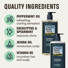Every Man Jack conditioner closeup showing jojoba oil for smooth hair hydration.