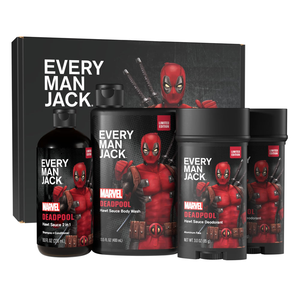 Every Man Jack Deadpool body wash bottle for daily cleansing and bold scent