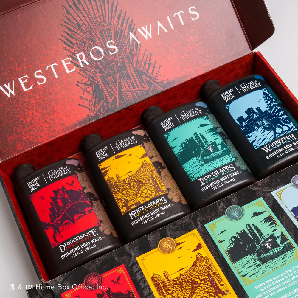Every Man Jack Game of Thrones Dragonstone bottle close-up, offering a refreshing scent for a daily cleanse.