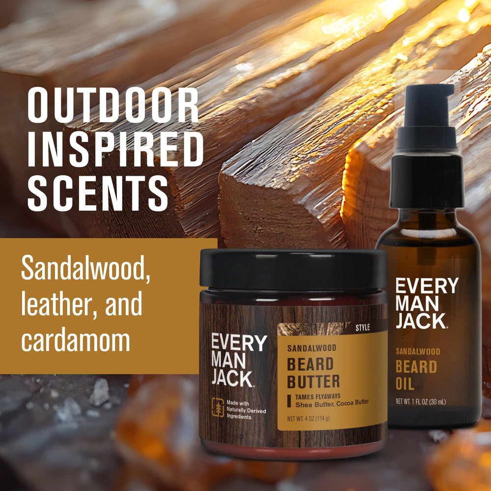 Every Man Jack beard care set on a bathroom shelf, highlighting natural ingredients.