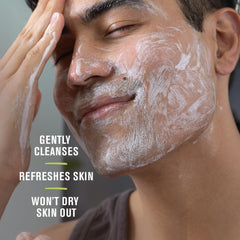 Every Man Jack Hydrating Face Wash bottle pour demonstrates easy dispensing for quick morning routines.