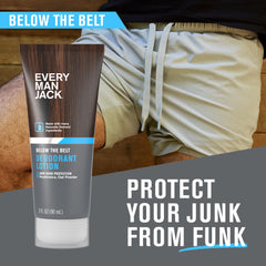 Every Man Jack ball deodorant lotion back label with safe, naturally derived formula details.