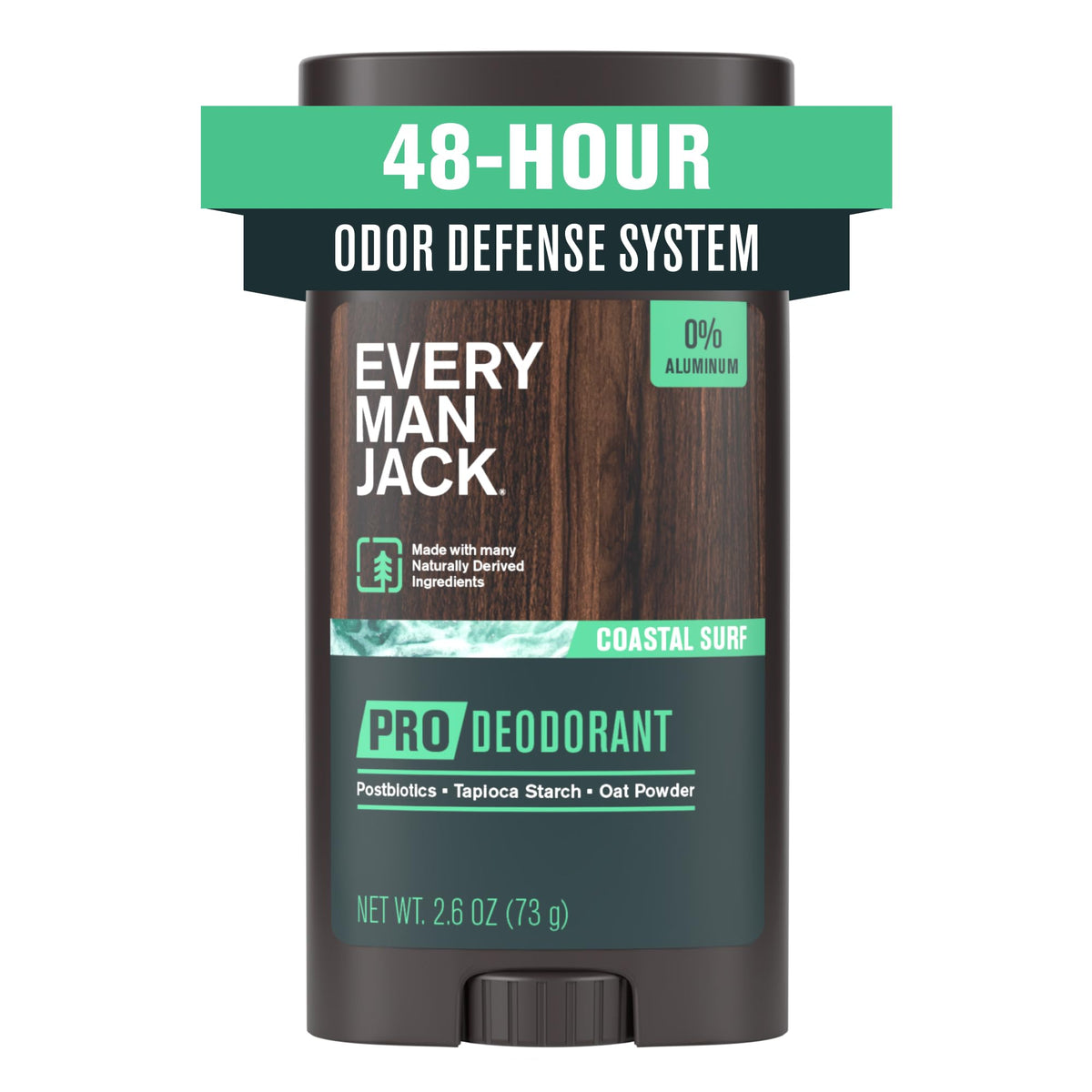 Every Man Jack Pro Deodorant Coastal Surf bottle highlights aluminum-free protection and long-lasting odor defense.