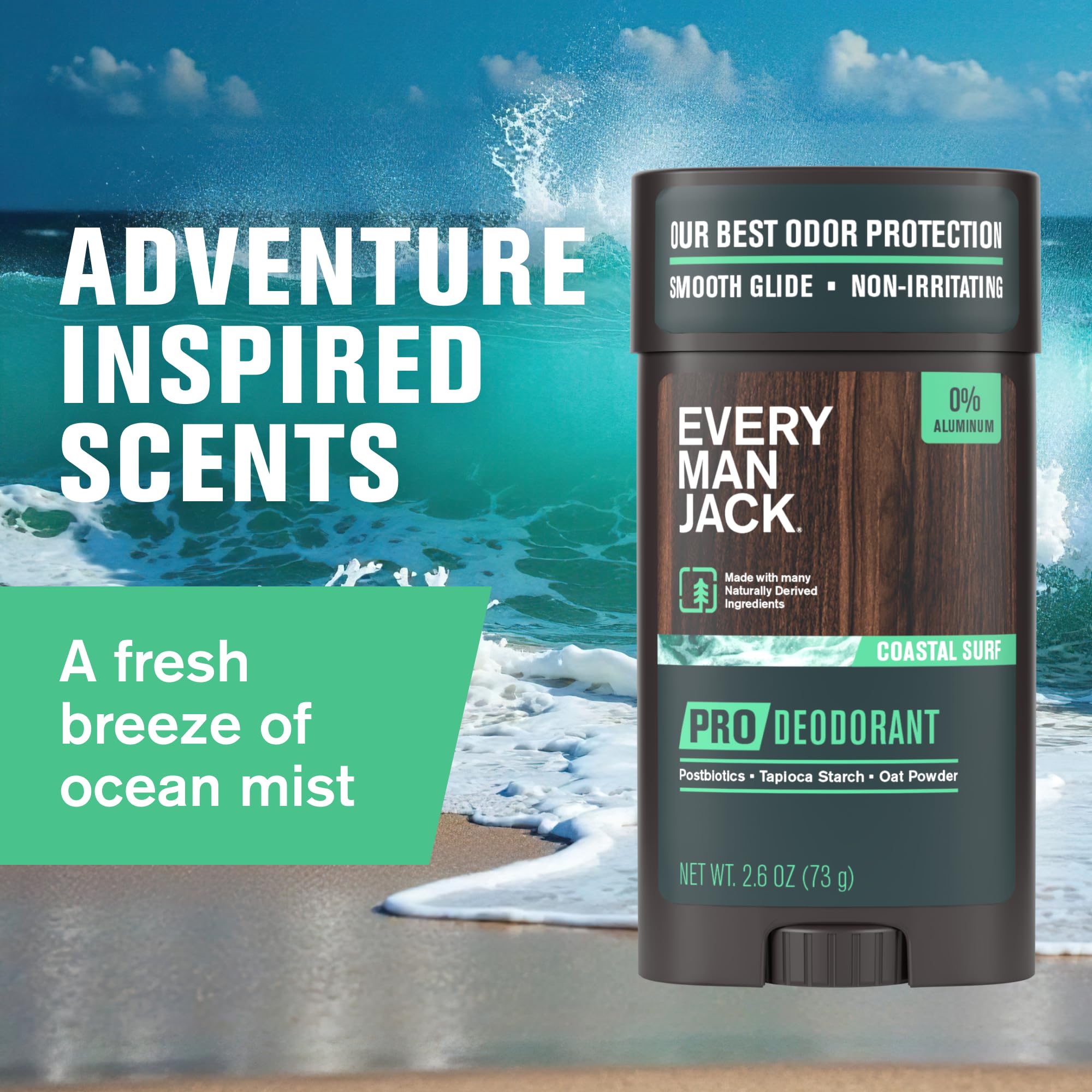 Every Man Jack Pro Deodorant Coastal Surf oat powder neutralizes odor while soothing skin.