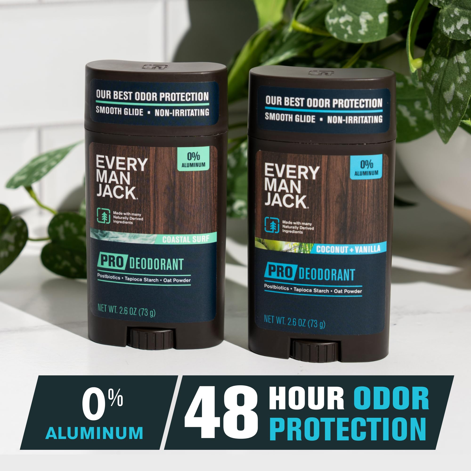 Every Man Jack Pro Deodorant Coconut + Vanilla bottle with tropical tones suggesting post-workout odor control.