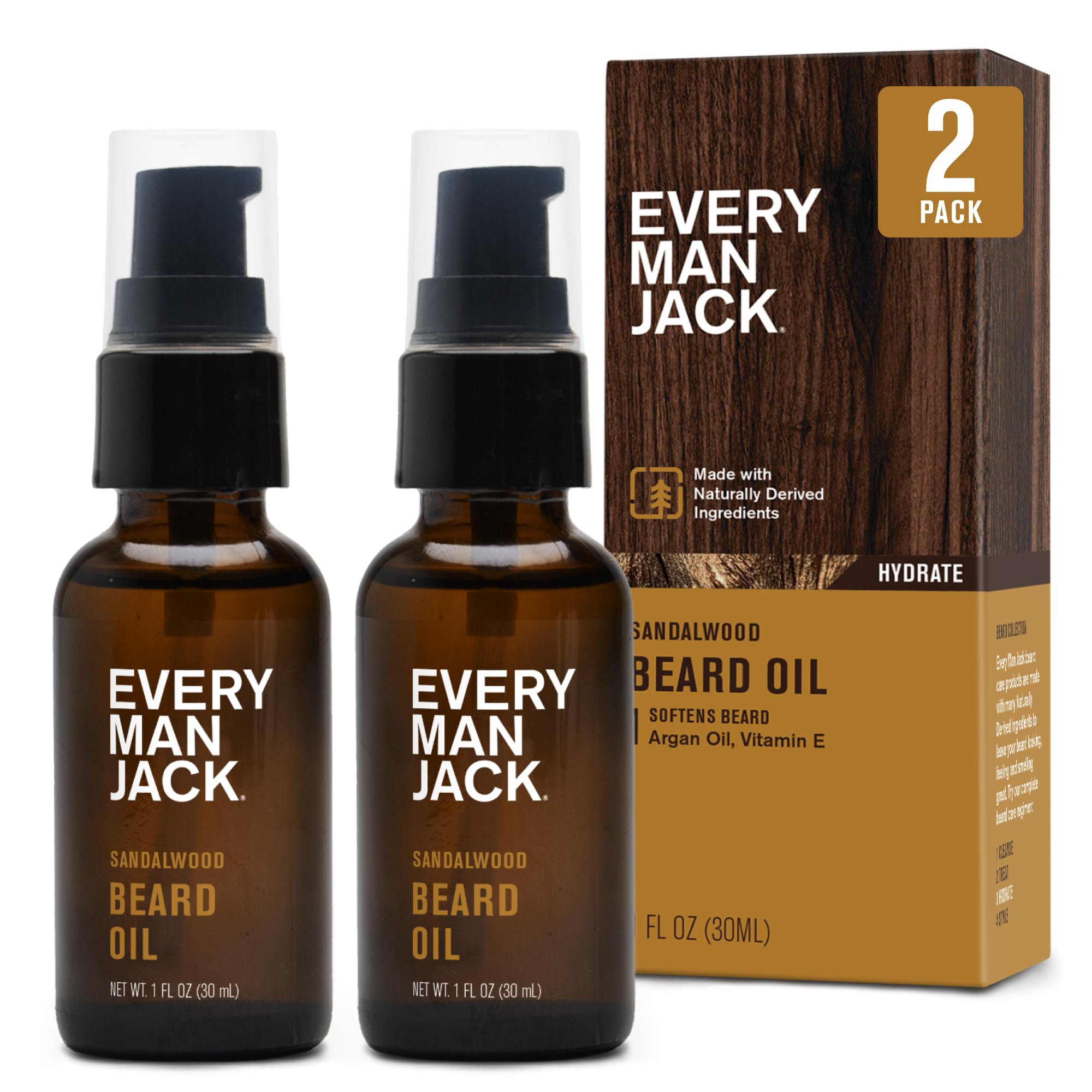 Every Man Jack sandalwood beard oil 1oz bottle for soft, moisturized beard.