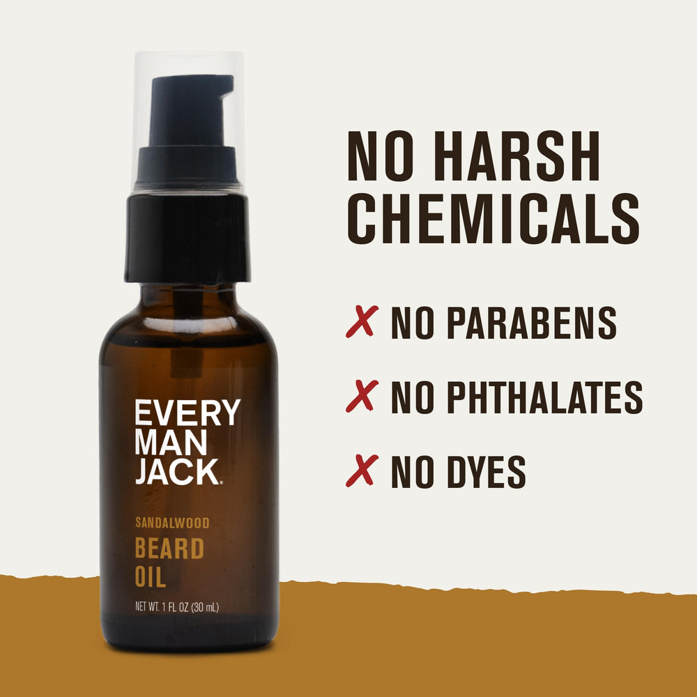 Every Man Jack sandalwood beard oil bottle with wood cap on premium packaging.